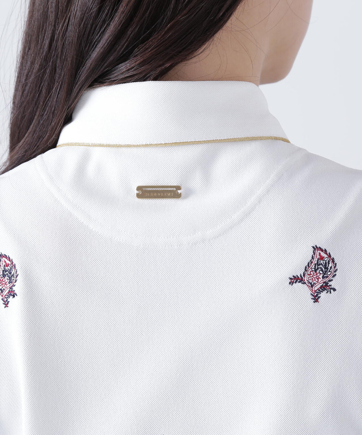 ポリエステル強撚鹿の子リーフ柄刺繍半袖シャツ (WOMENS)