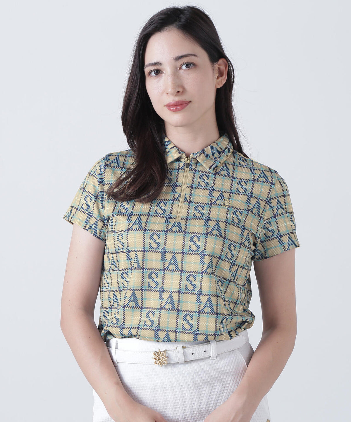 トリコットメッシュロゴチェックプリント半袖シャツ (WOMENS)