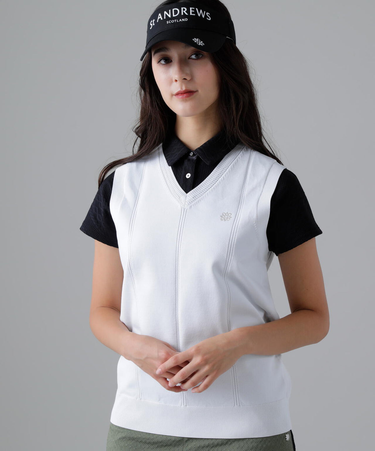 14G天竺×ケーブル Vネックニットベスト (WOMENS)