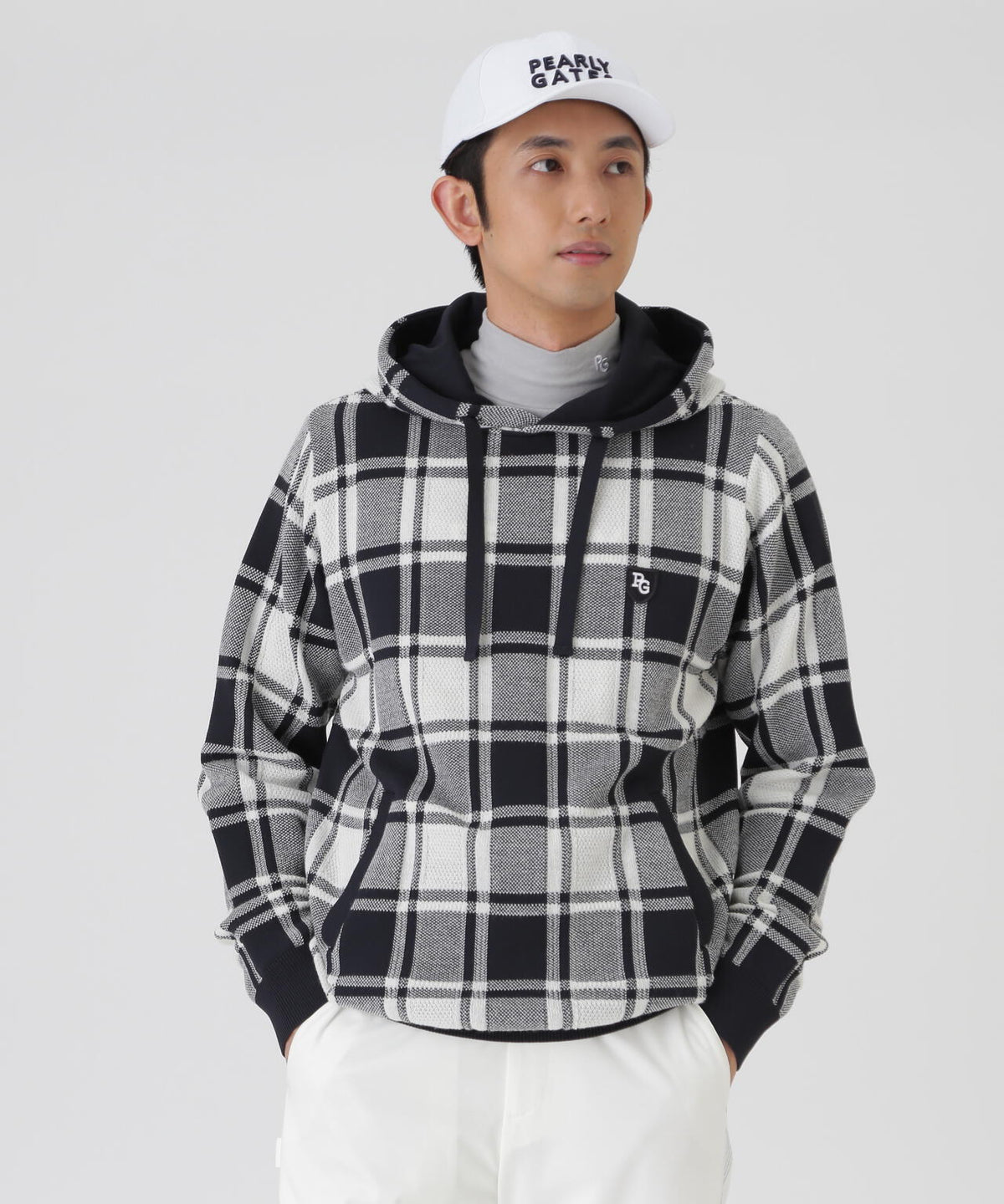 12Gタータンチェック柄ニットフーディプルオーバー (MENS)