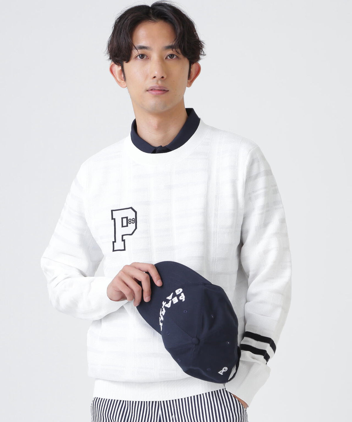 14G地柄ジャガードクルーネックニットプルオーバー (MENS)
