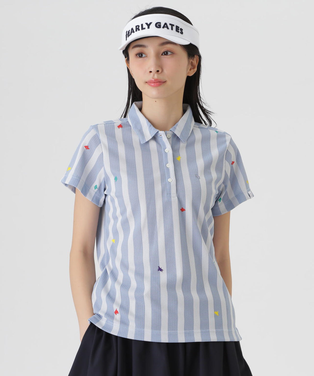 Peメッシュストライプニット半袖ポロシャツ (WOMENS)