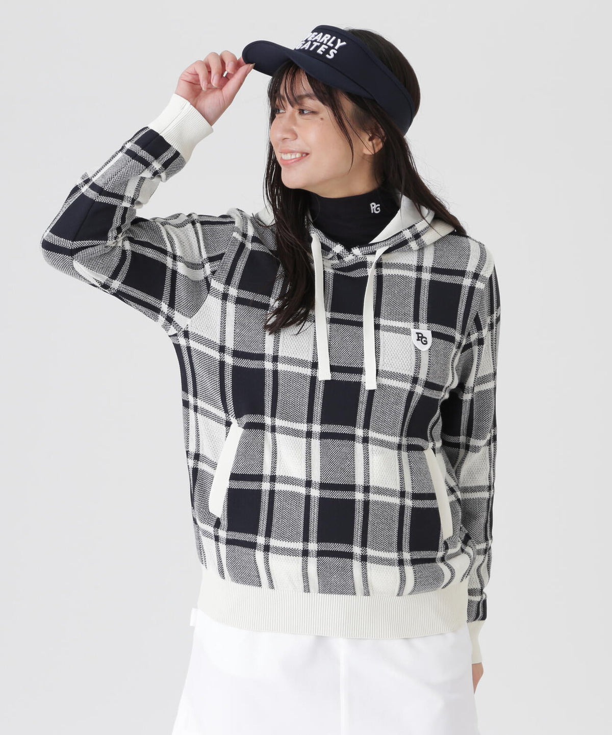12Gタータンチェック柄ニットフーディプルオーバー (WOMENS)