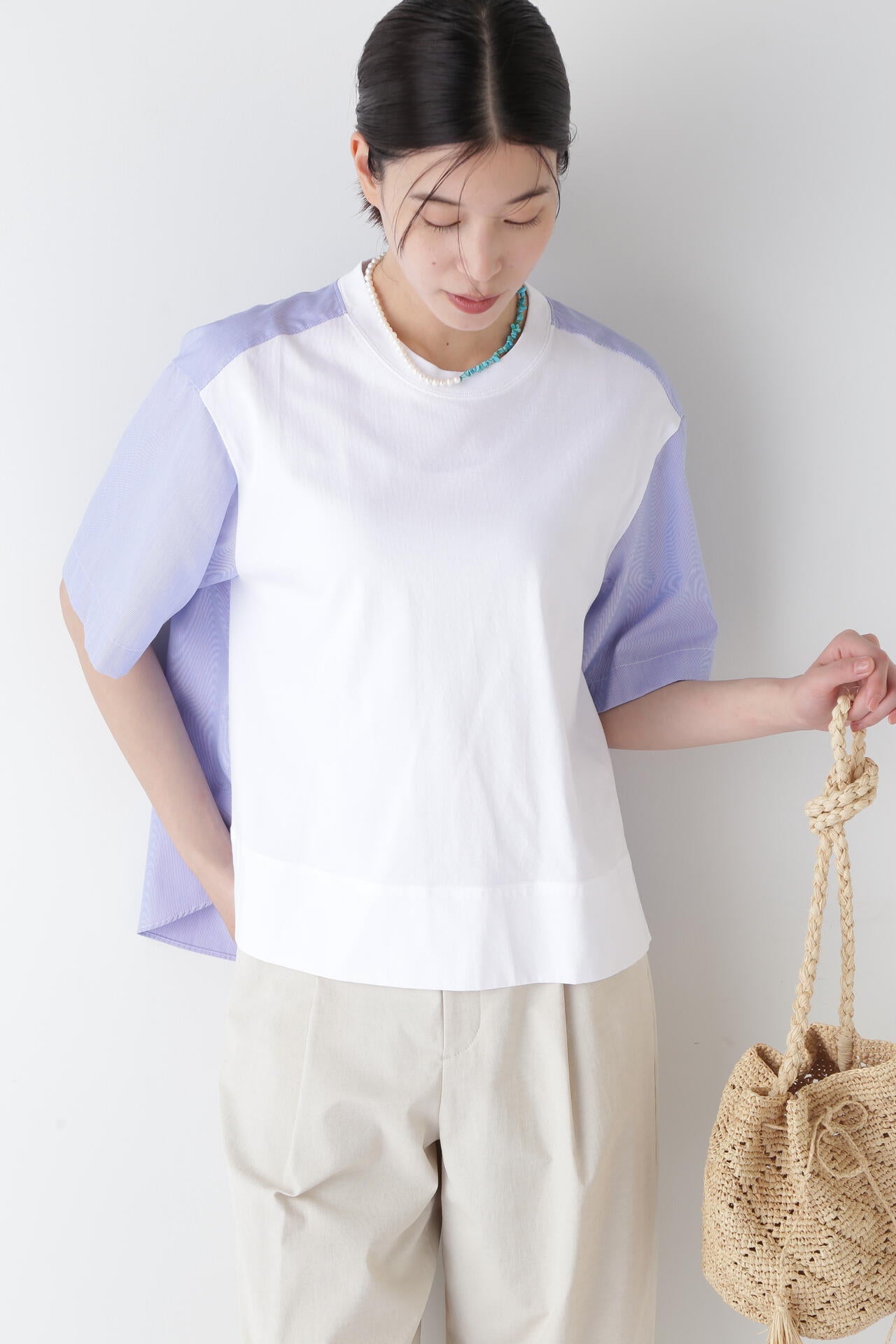 ストライプ布帛コンビTシャツ