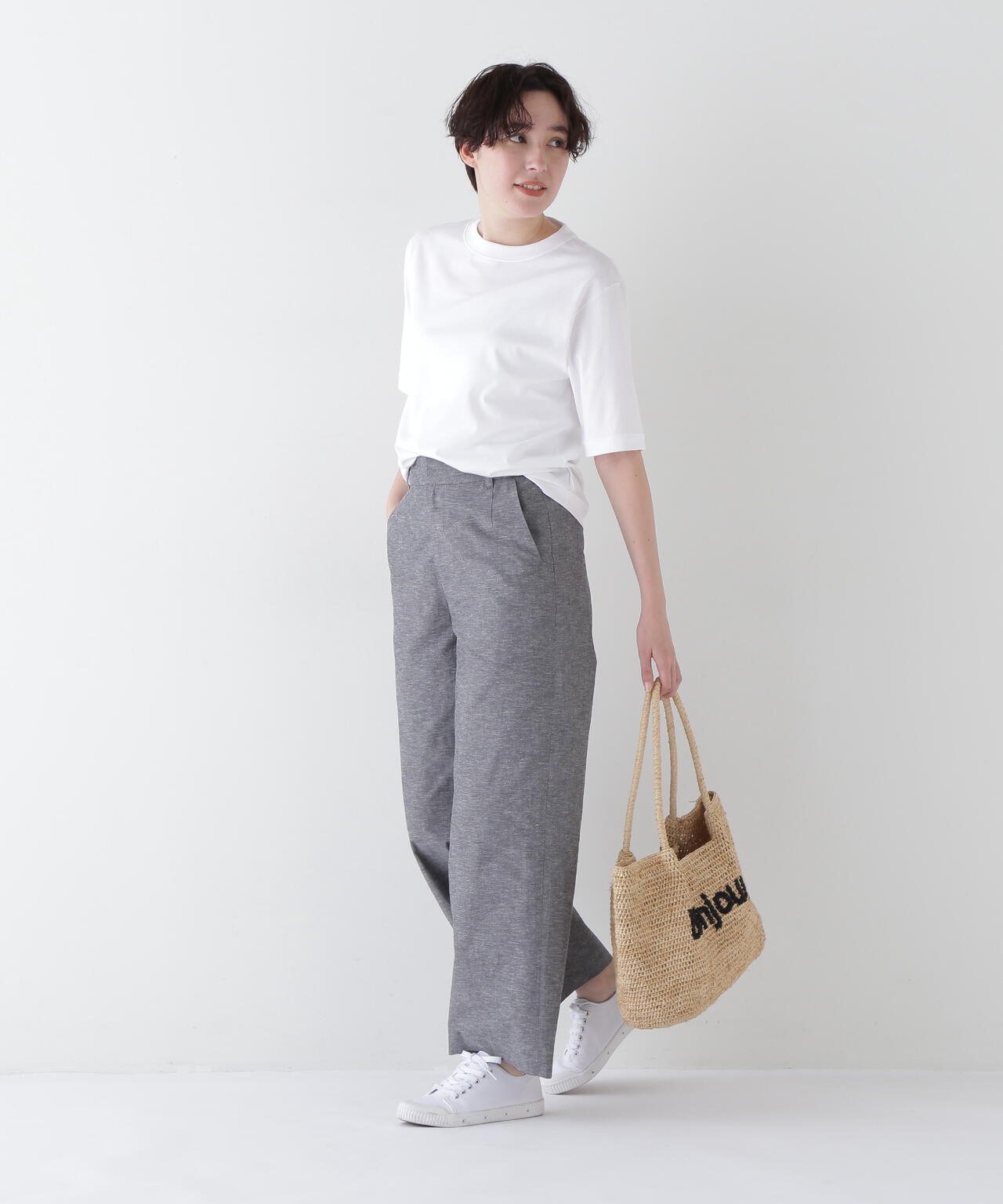 綿麻シャンブレーセミワイドパンツ