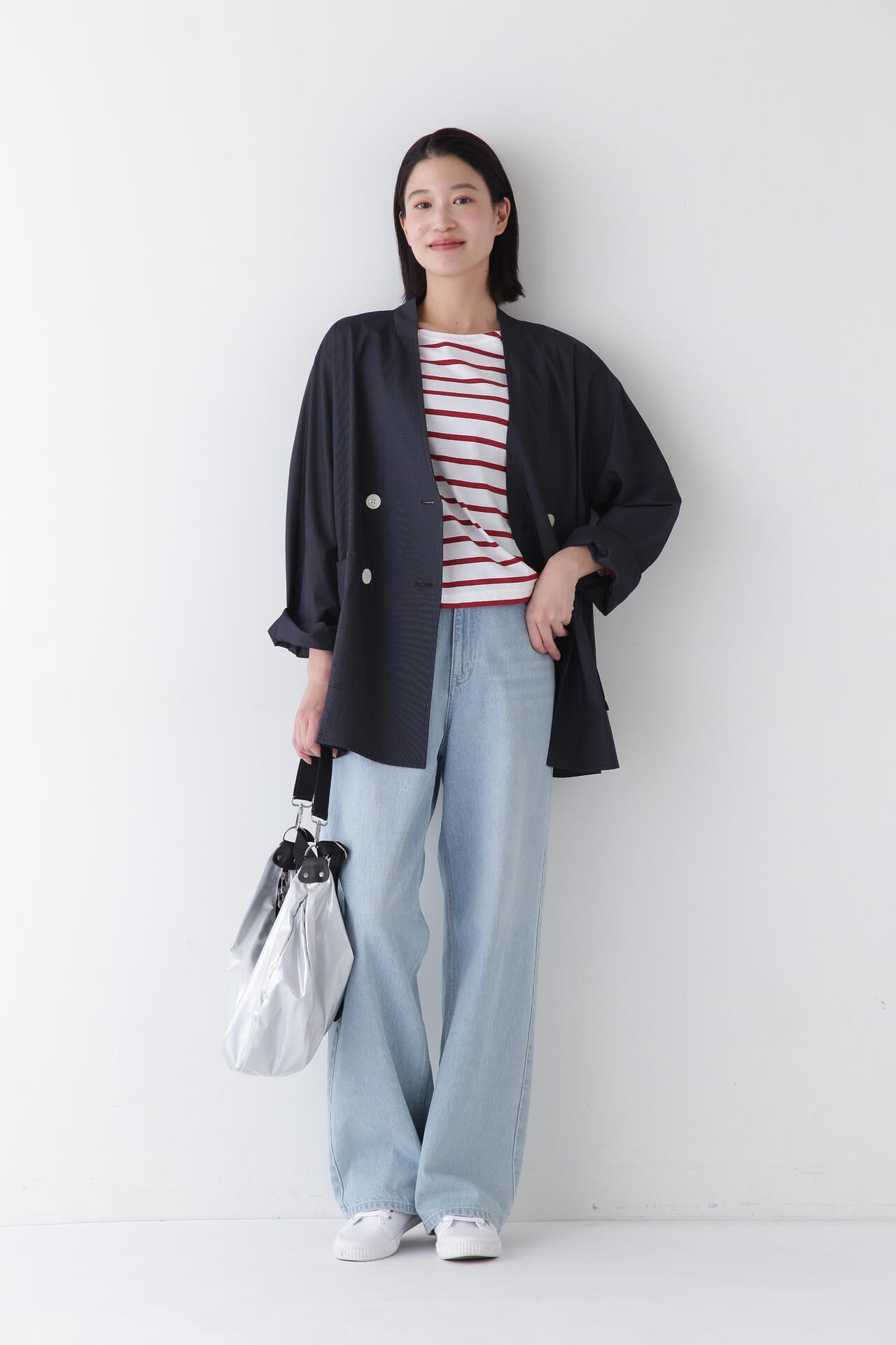 ナイロンポリエステルストレッチストライプノーカラーPコート