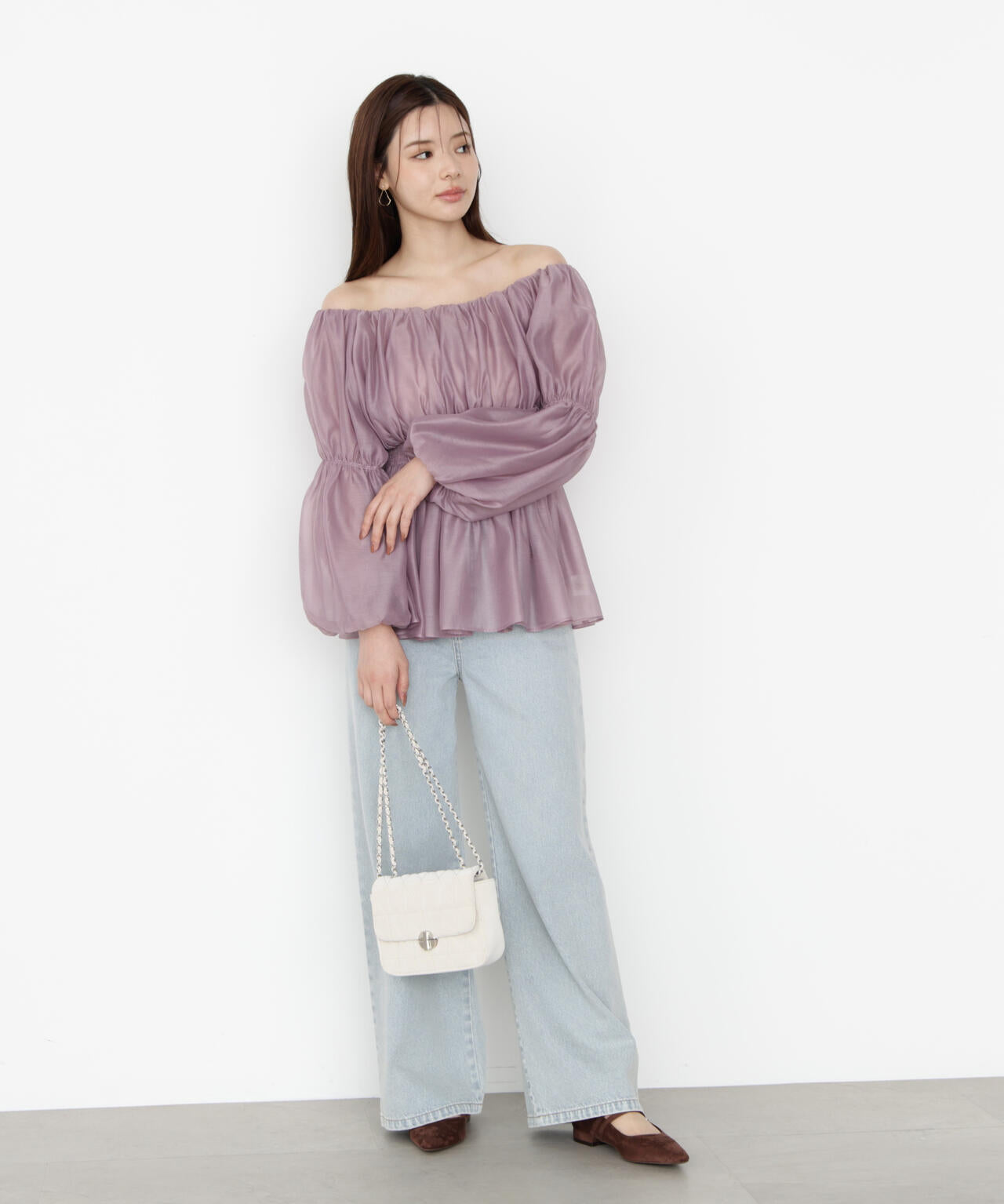 【松川星さん着用】<ウォッシャブル>バルーンスリーブオフショルブラウス【ピンク:WEB・一部店舗限定】