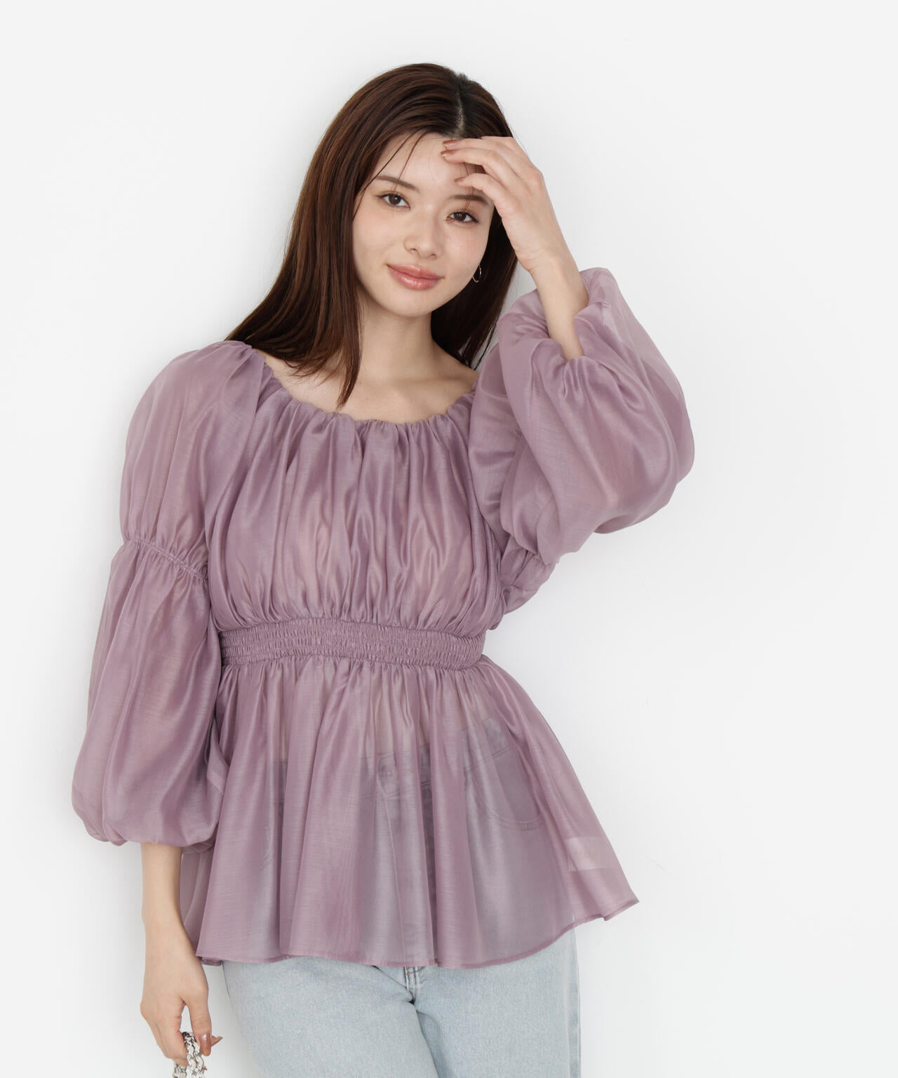 【松川星さん着用】<ウォッシャブル>バルーンスリーブオフショルブラウス【ピンク:WEB・一部店舗限定】
