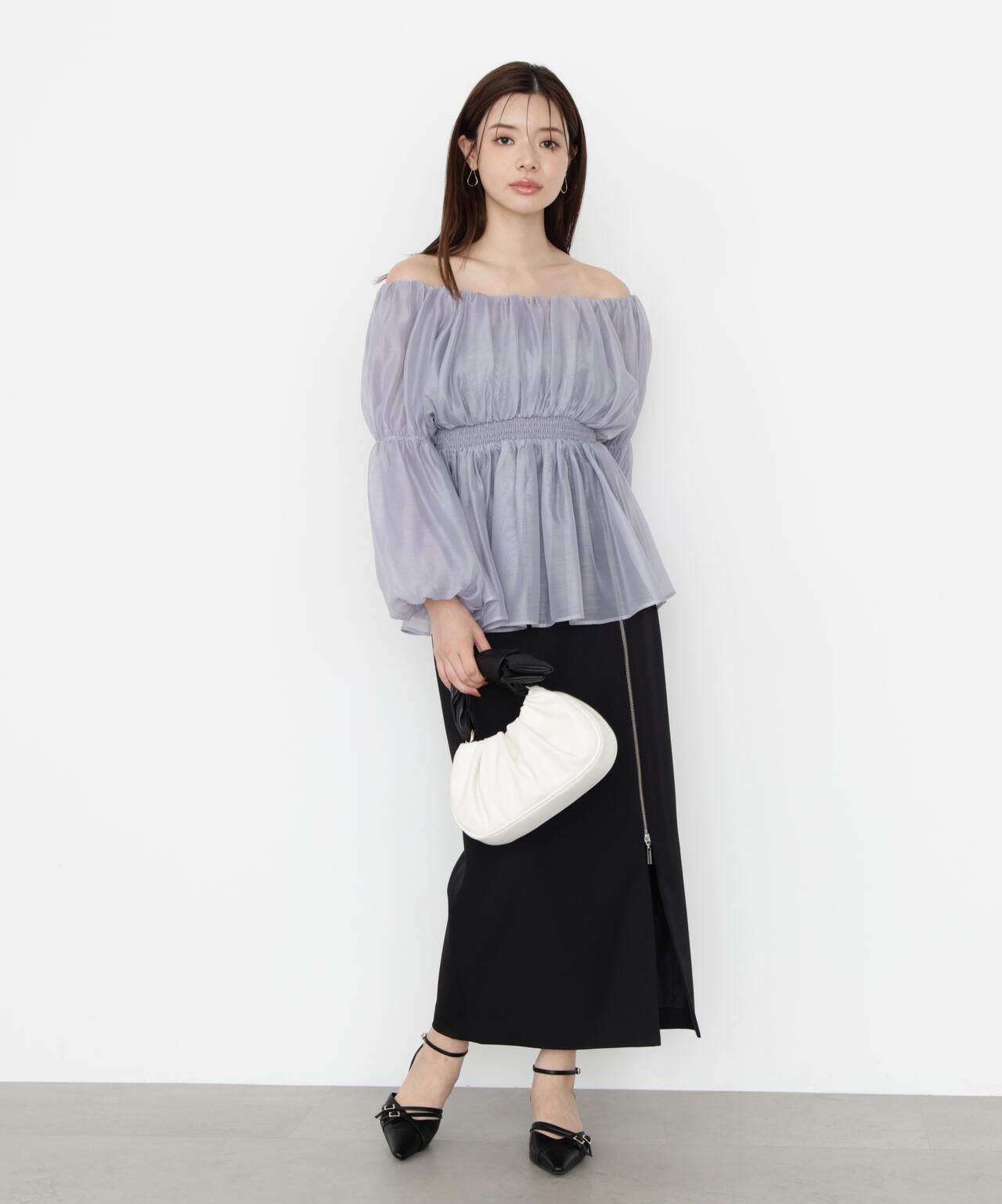 【松川星さん着用】<ウォッシャブル>バルーンスリーブオフショルブラウス【ピンク:WEB・一部店舗限定】