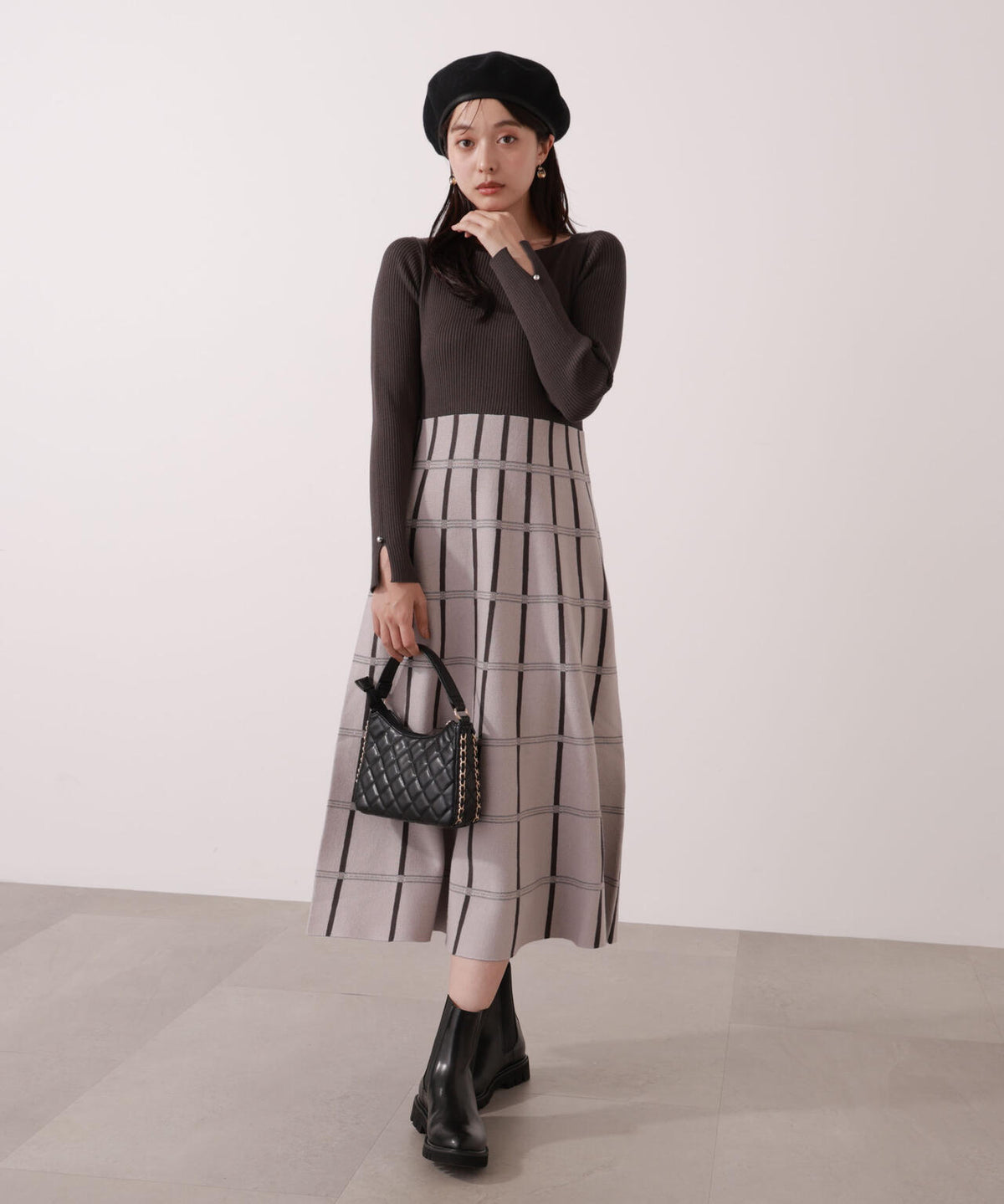 チェック柄ジャガードニットワンピース【ボルドー:official site限定】