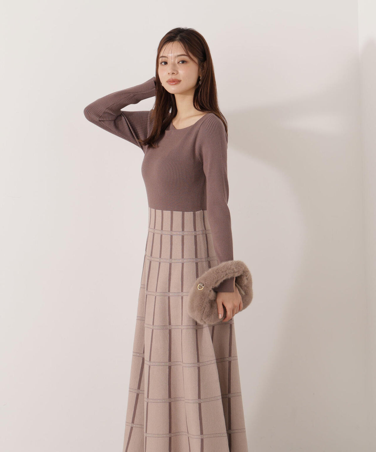 チェック柄ジャガードニットワンピース【ボルドー:official site限定】