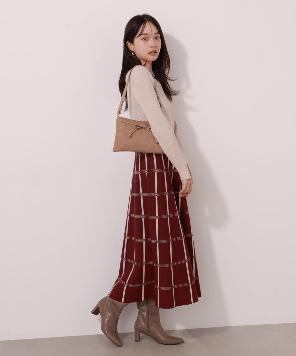 チェック柄ジャガードニットワンピース【ボルドー:official site限定】