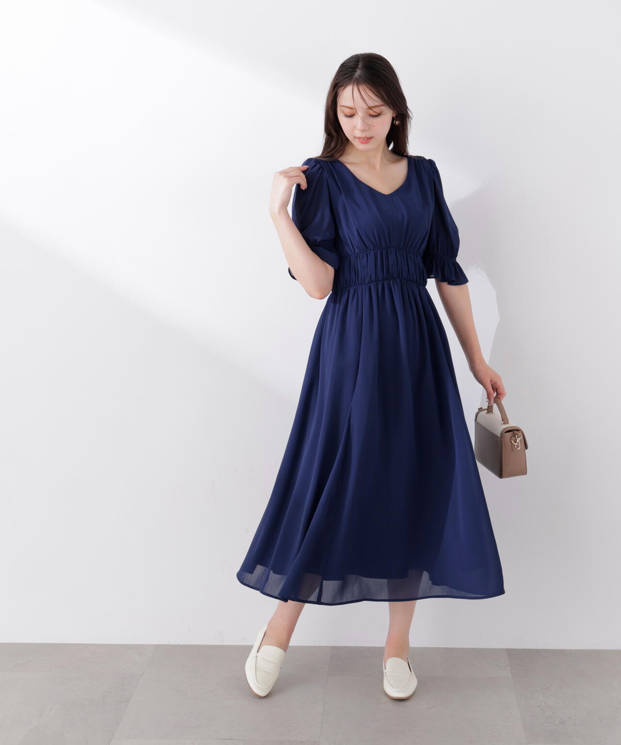 シフォン楊柳ギャザーワンピース