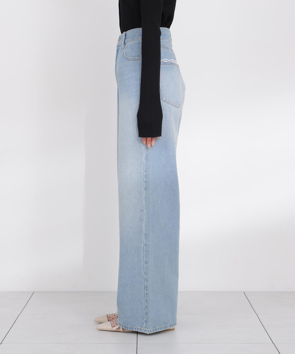 <a/mie>レースハイウエストワイドデニムパンツ