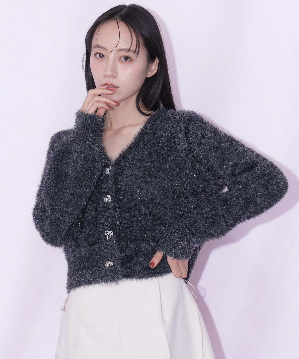フィルムフェザーリボンボタンニット