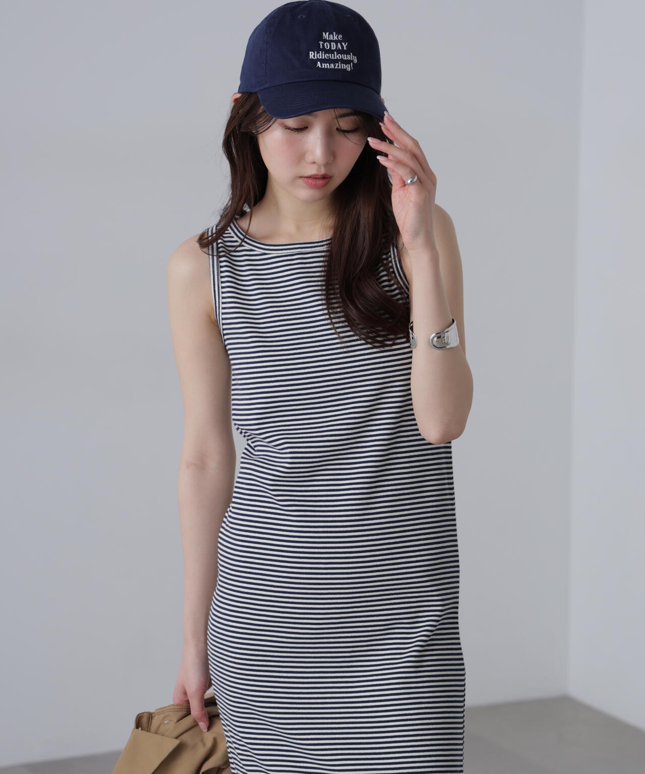 ボートネックリブタンクトップワンピース