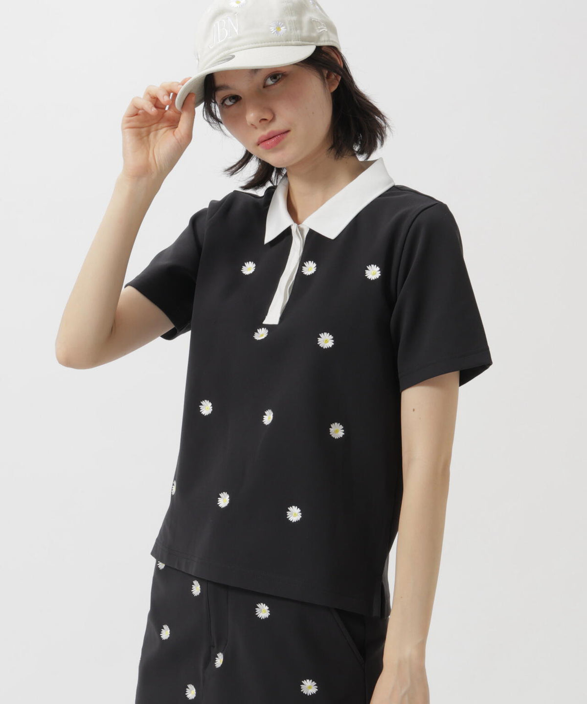 【CINEMA MONOTONE】グリッドストレッチFlower半袖ポロシャツ