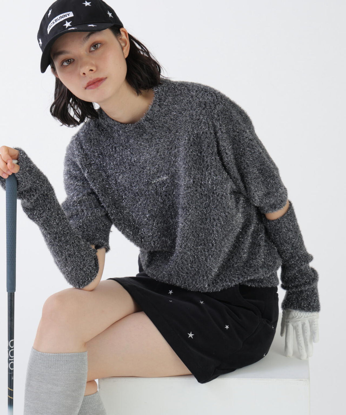 ラメシャギー アームウォーマー付きモックネックニットプルオーバー (WOMENS)