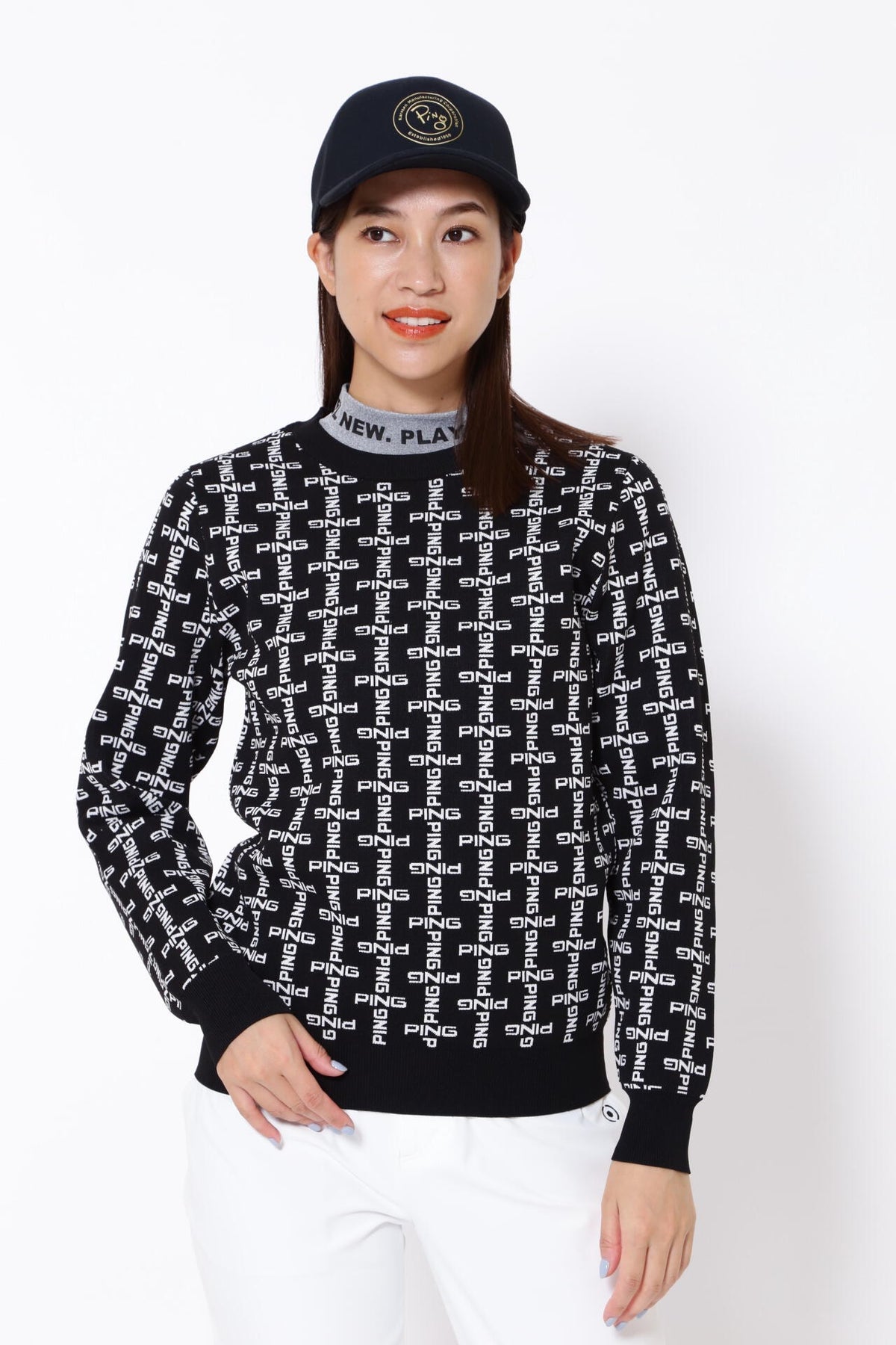 【PING APPAREL】モノグラム柄ジャガードクルーネックニットプルオーバー <GOLD> (LADIES)