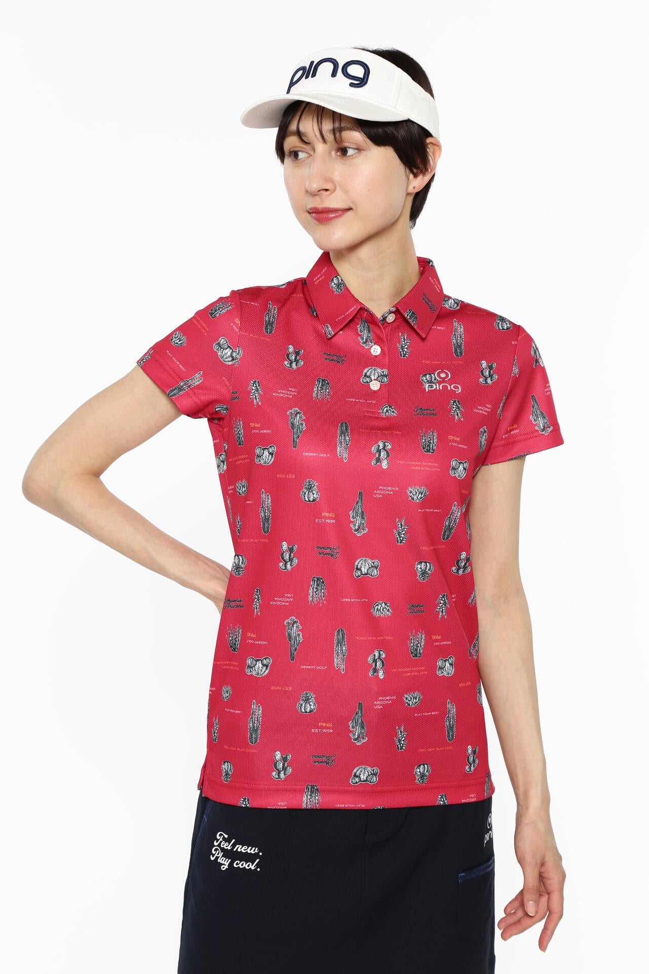 【PING APPAREL】サボテン柄 クイックドライ半袖ポロシャツ <NATIVE> (LADIES)