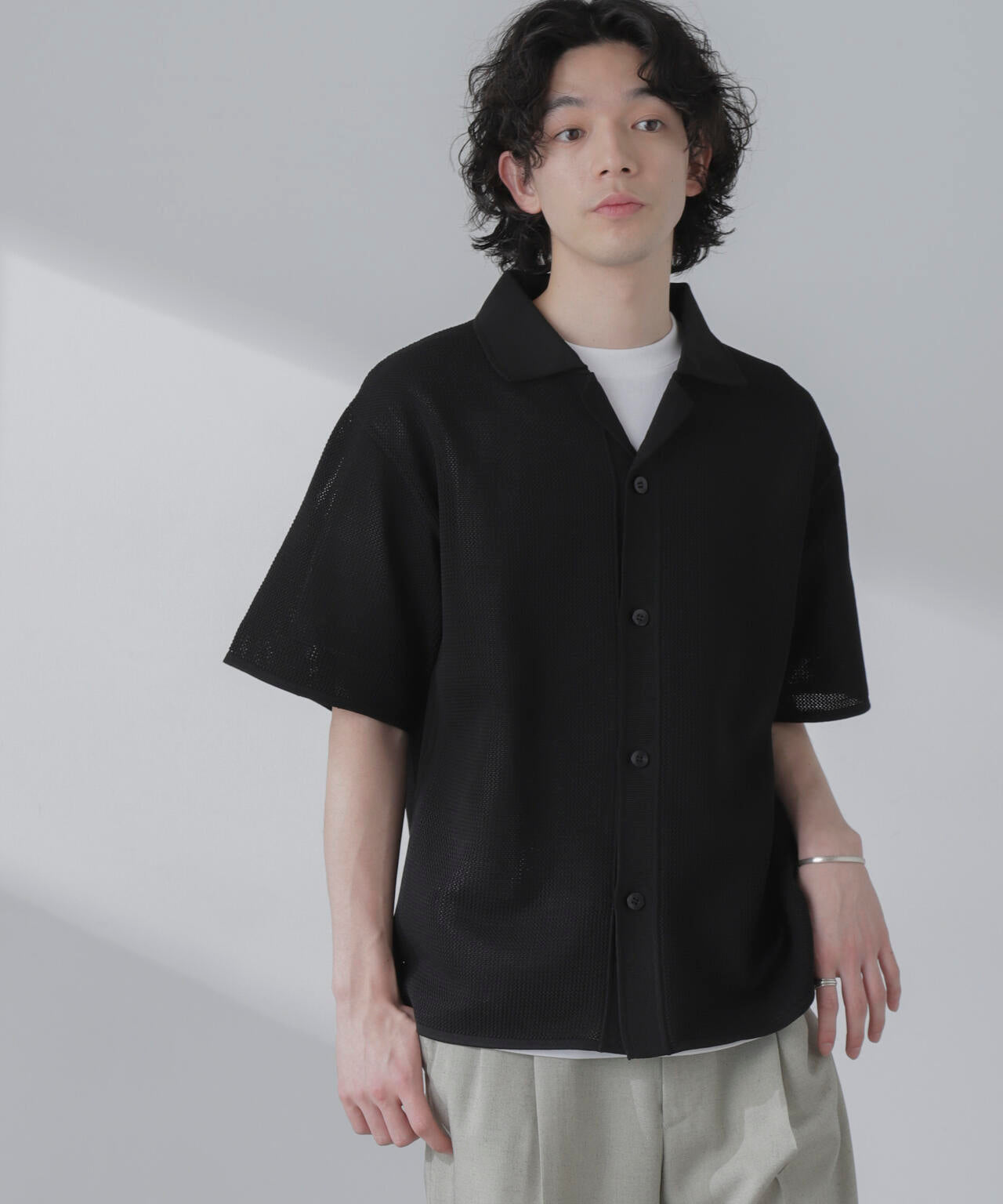 ポリメッシュリラックスオープンカラーニットシャツ