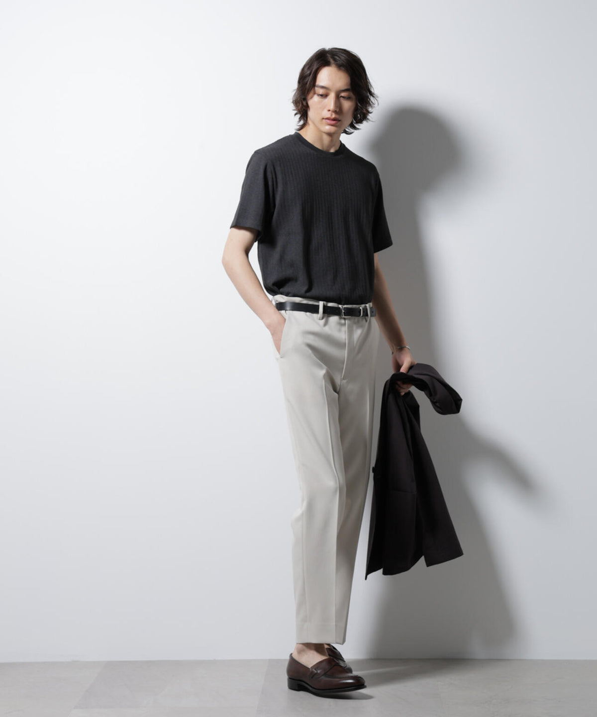 「Damerino」ヘリンボンクルーネックTシャツ/防シワ・吸水速乾・UVカット