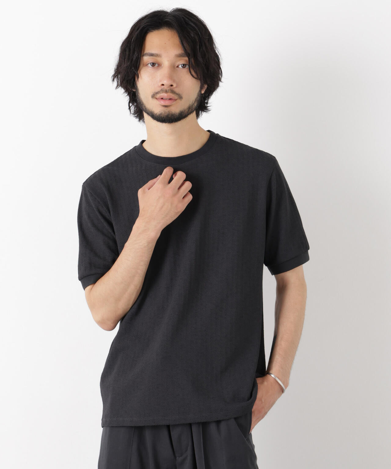 「モダンコンフォート」ヘリンボン クルーネックTシャツ 半袖