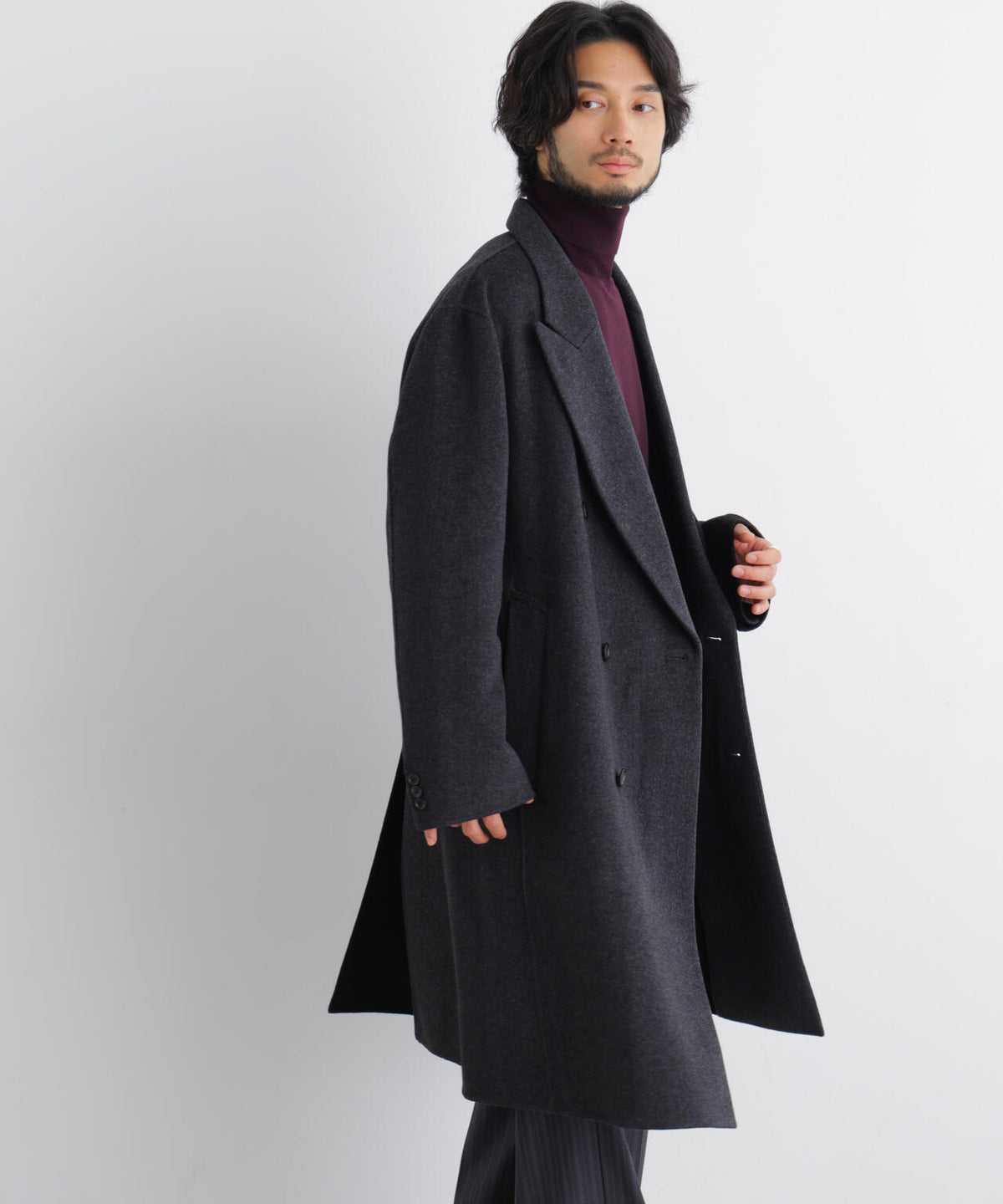 「ASSEMBLANC」 カシミヤブレンドリバーピークドラペルダブルコート