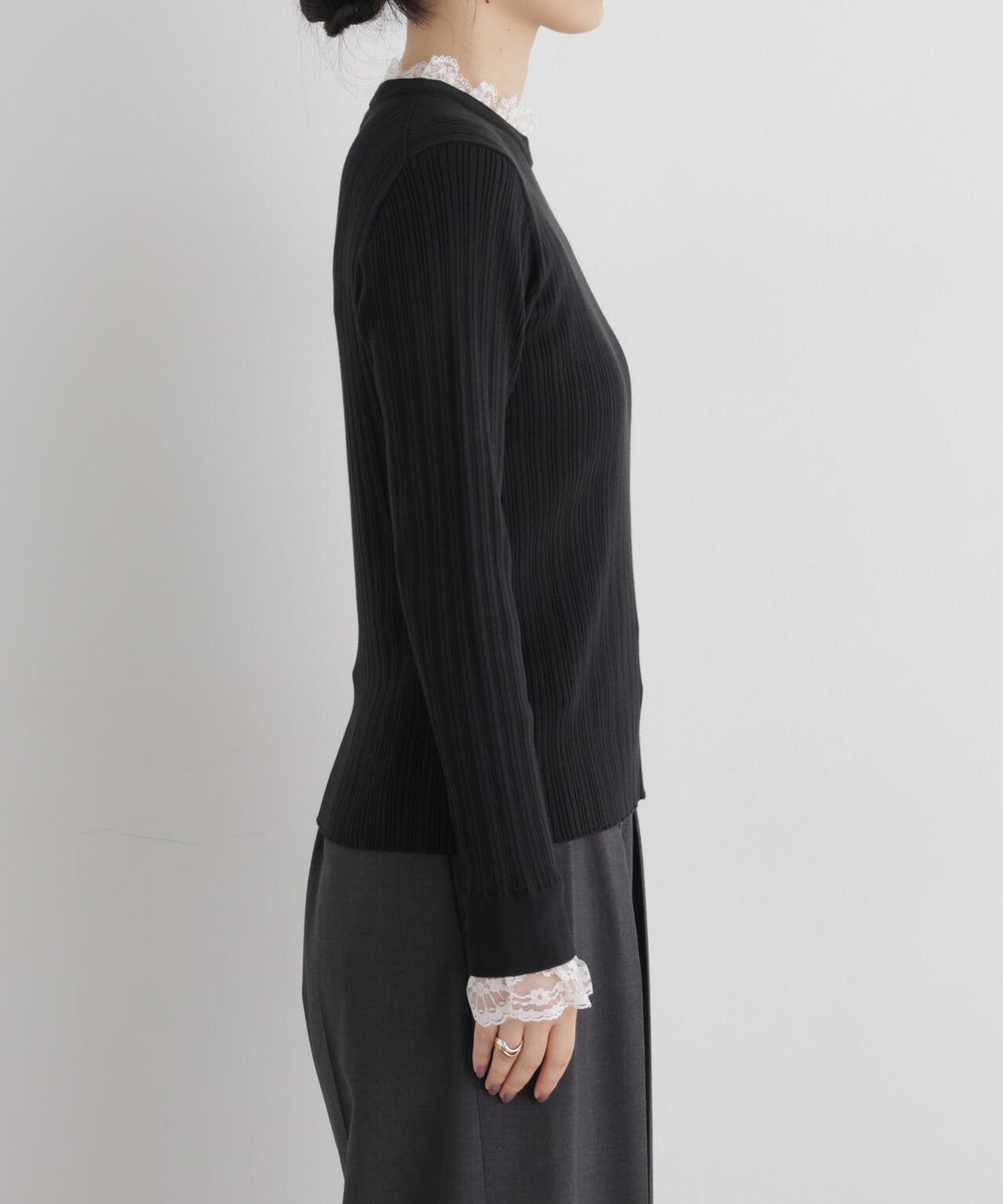 CICA&UVカット加工レースフリル付きリブニット