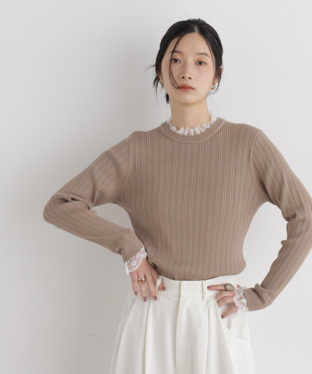 CICA&UVカット加工レースフリル付きリブニット