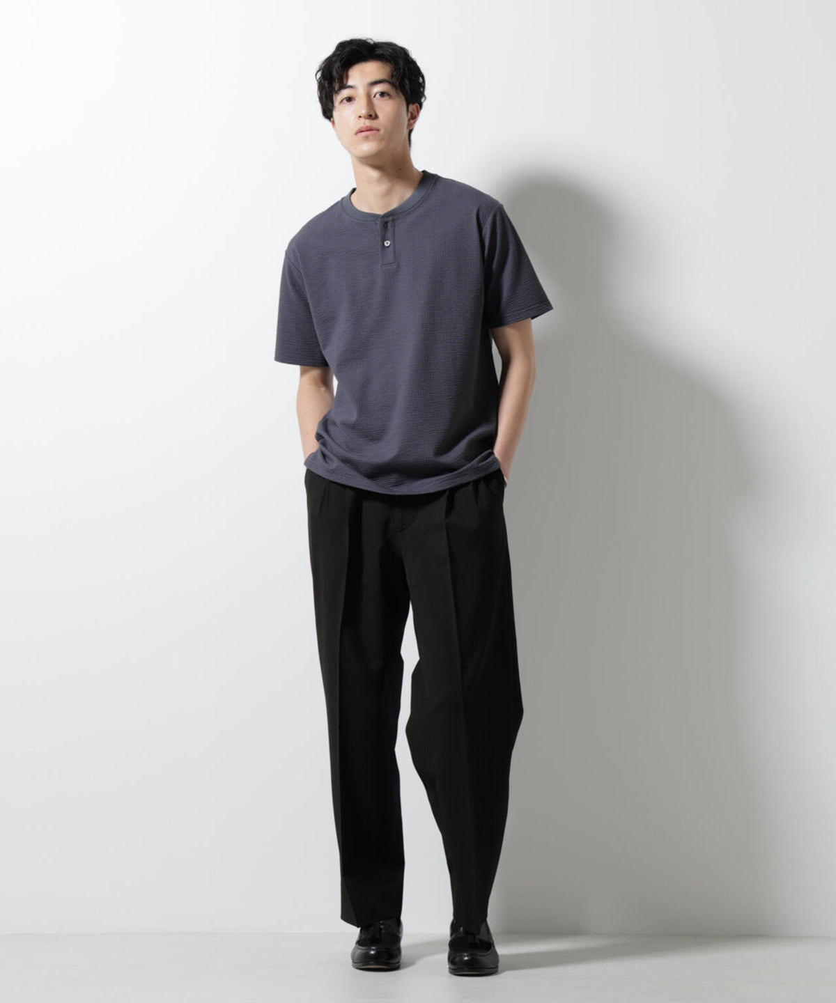 ジャージーサッカーヘンリーネックTシャツ 半袖