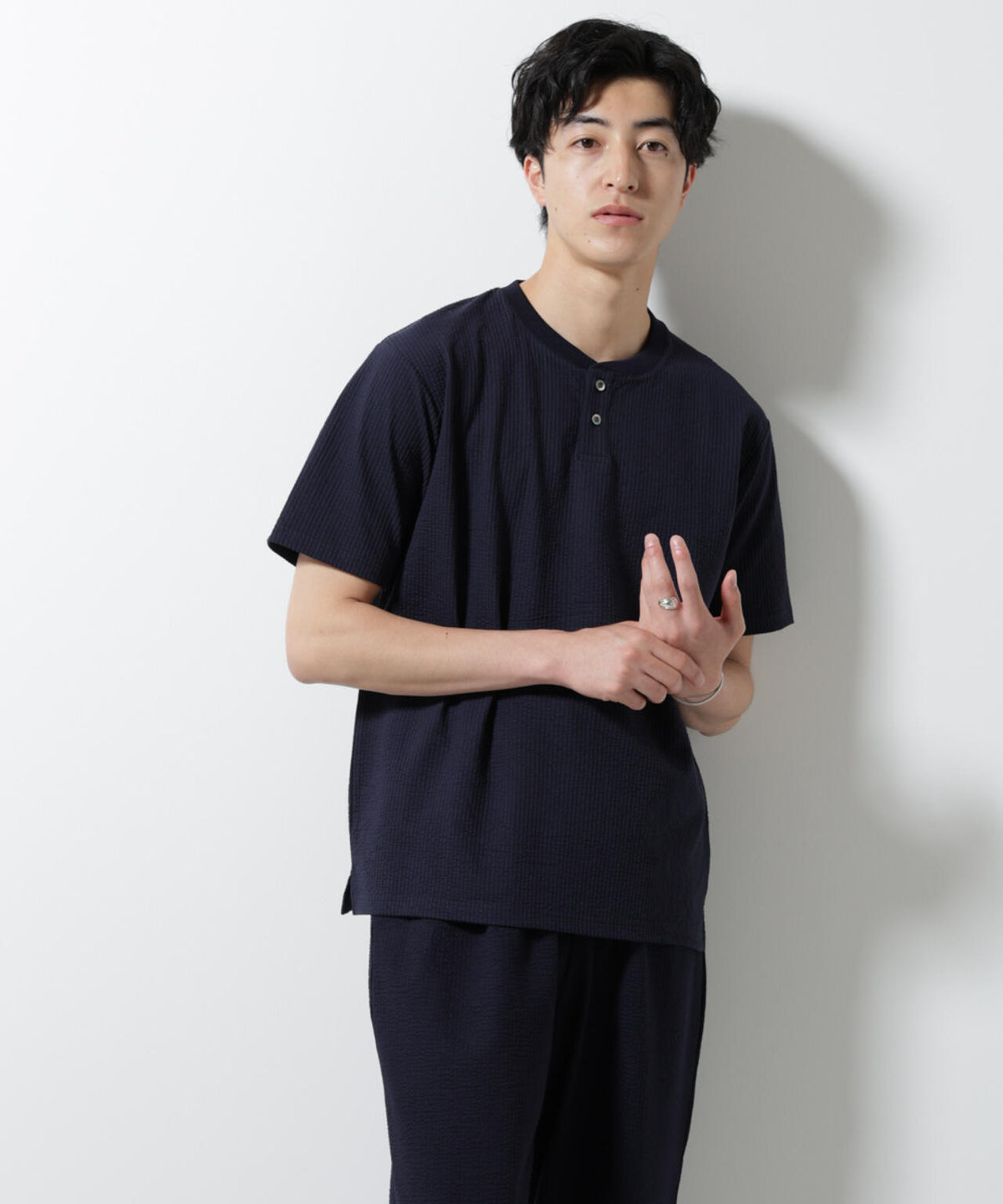 ジャージーサッカーヘンリーネックTシャツ 半袖