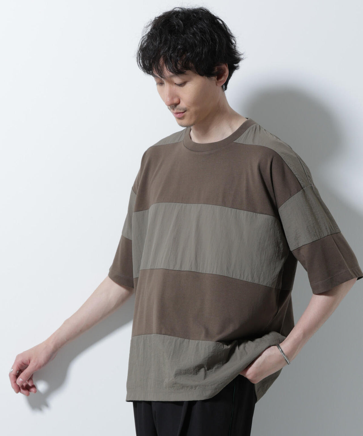 リラックス異素材ボーダーTシャツ 半袖