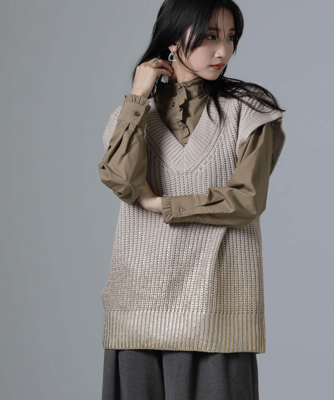 片畦Vネック箔プリントニットベスト