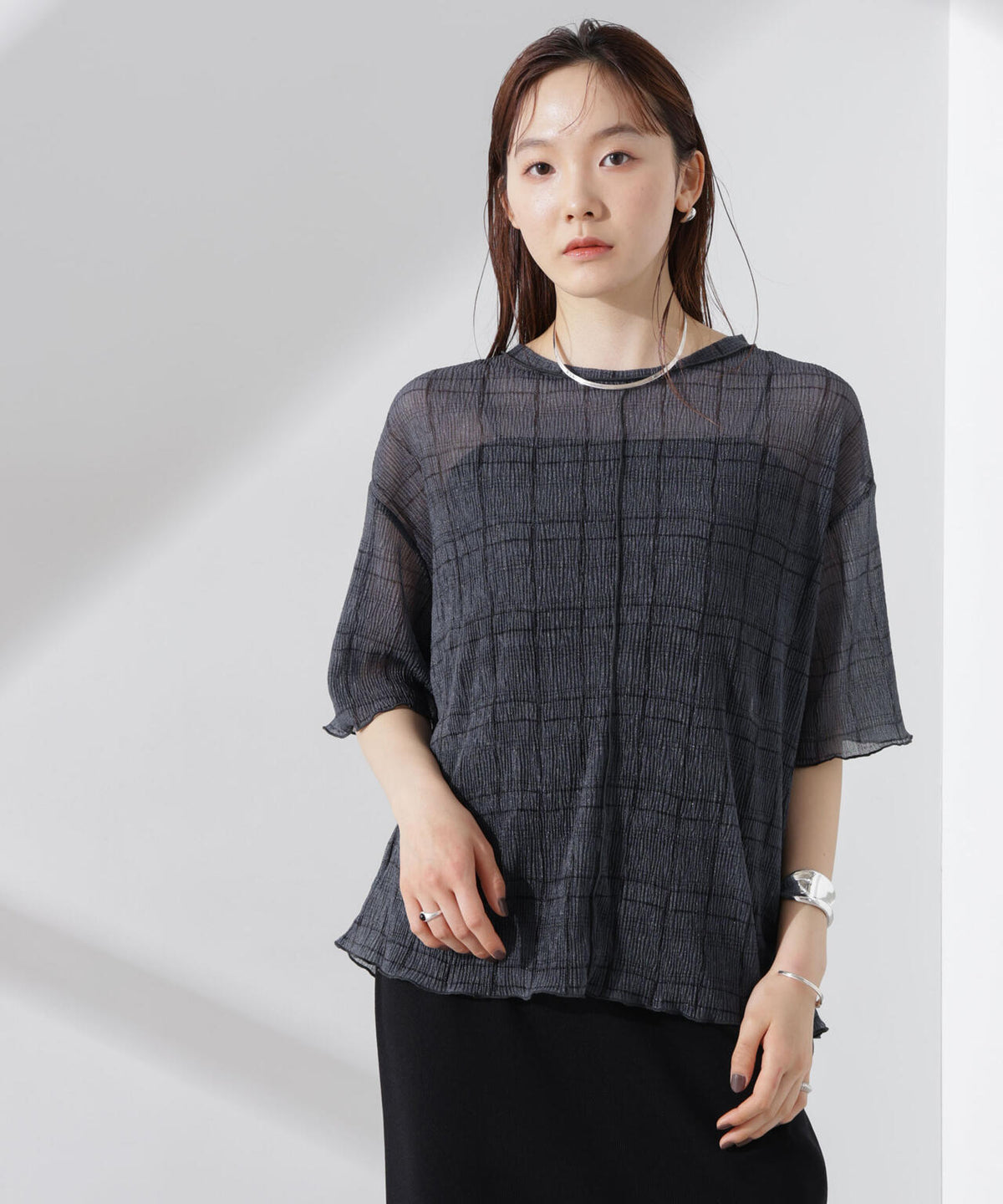 楊柳チェックシアーカットTシャツ