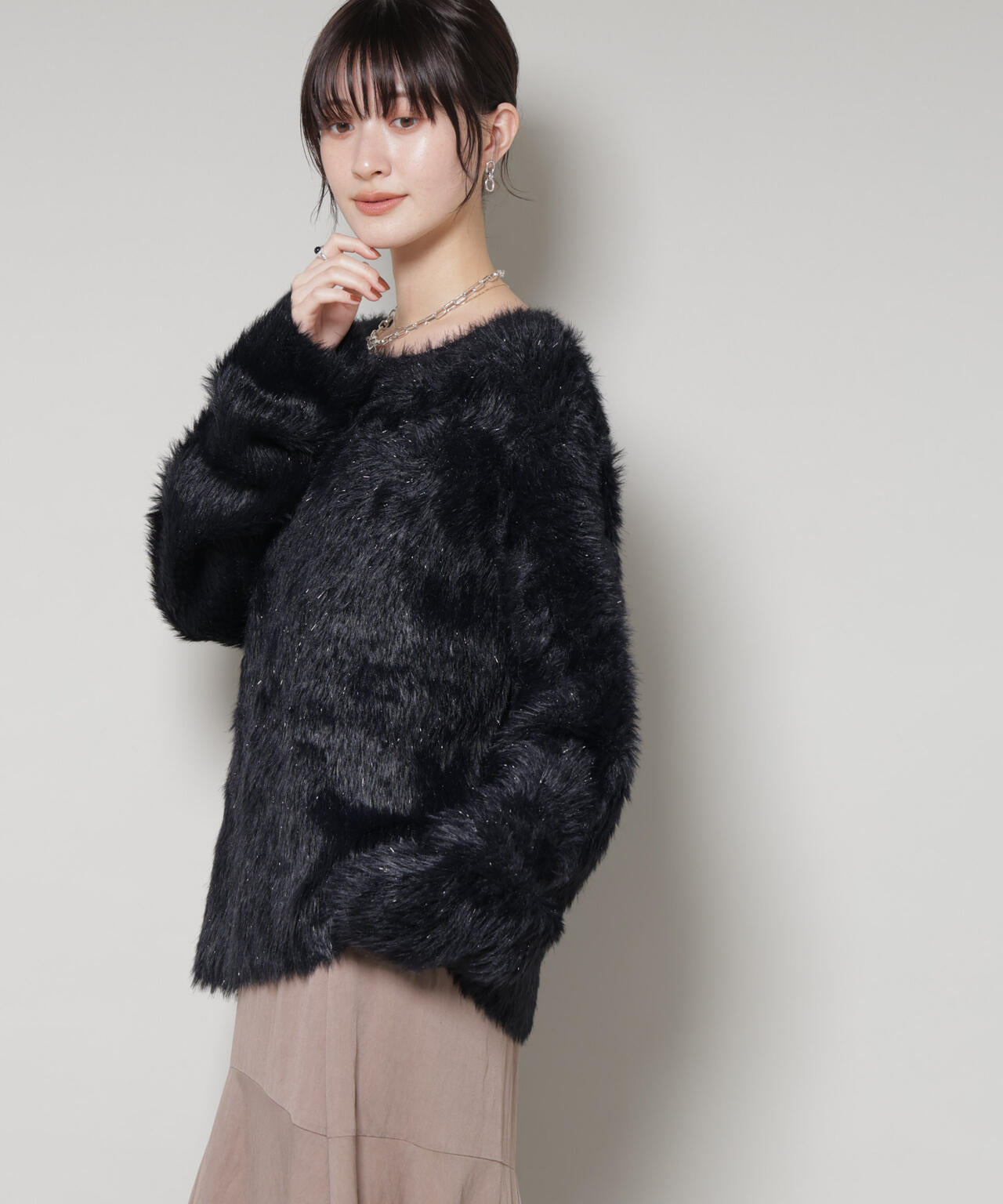 ミックスシャギーボートネックワイドニット