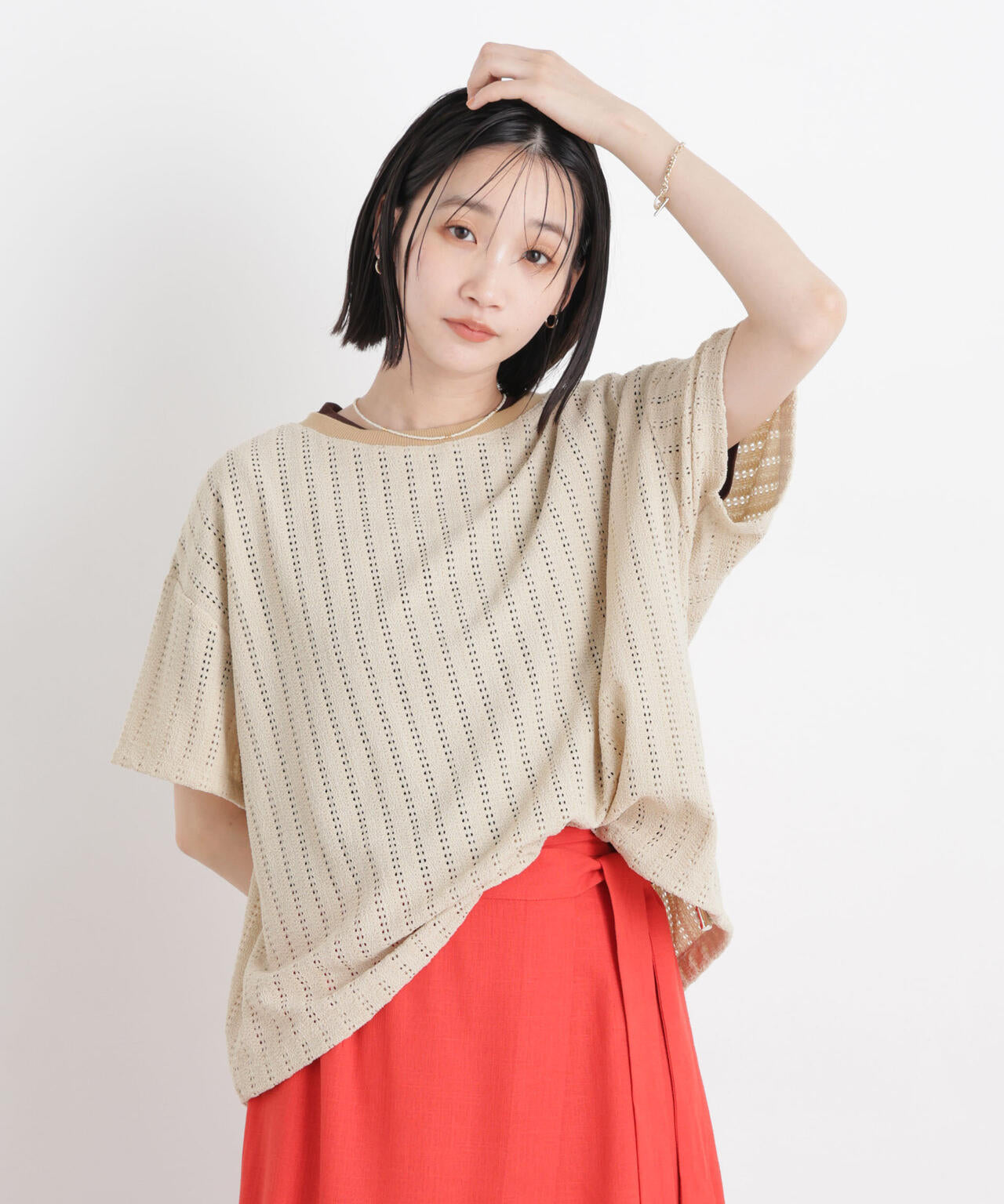 カットジャガードドロストヘムトップス