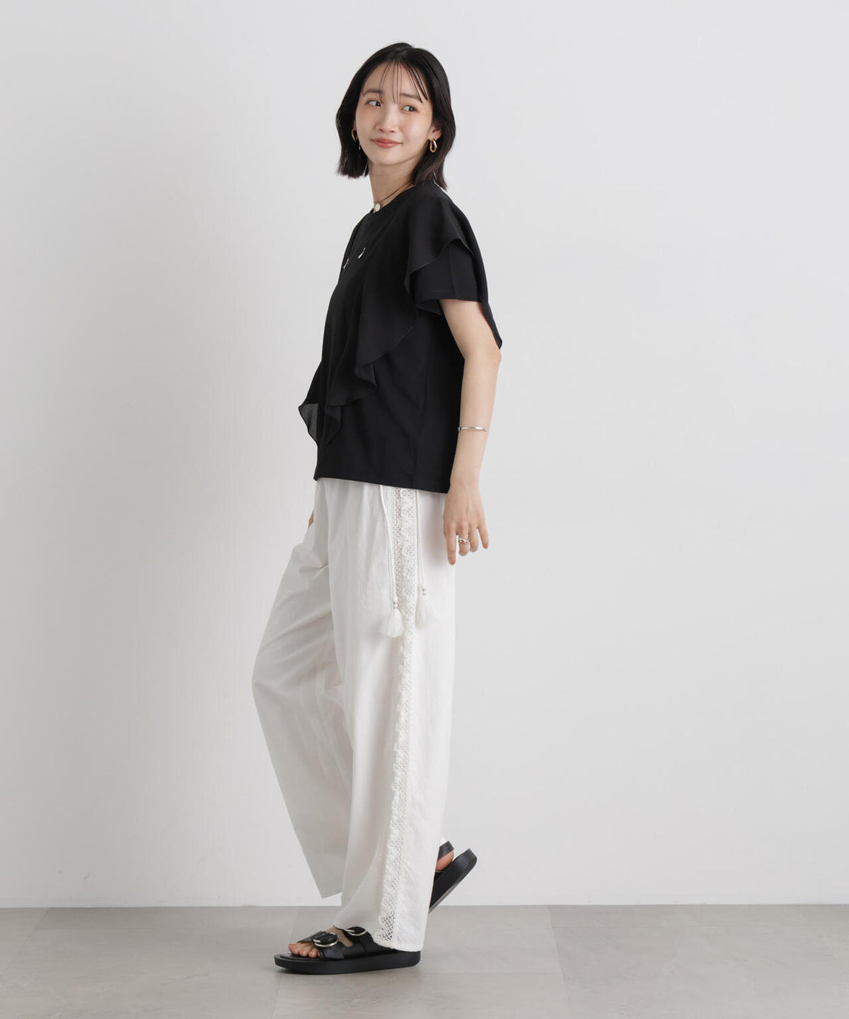 made in INDIA サイドレースワイドパンツ