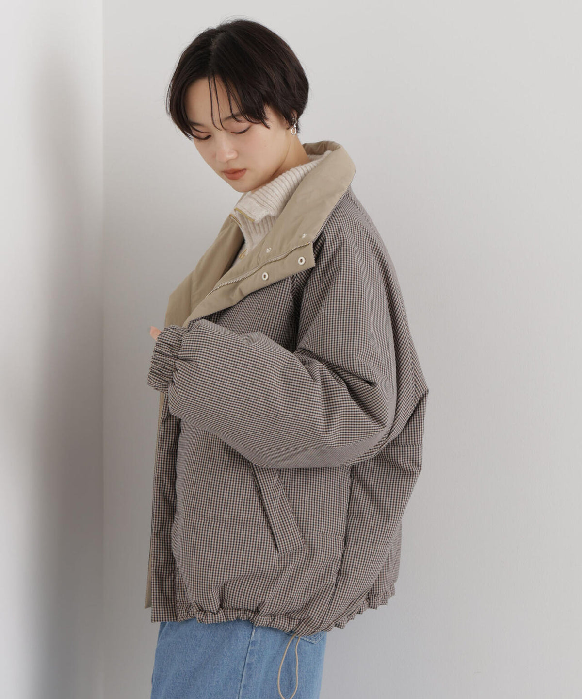 撥水加工 リバーシブルチェック中綿ブルゾン