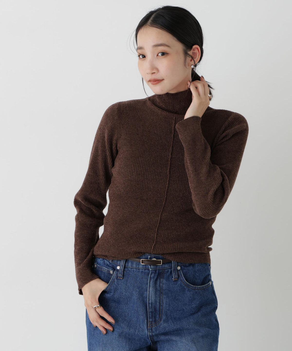 前後2wayボタンネックベロアモールニット