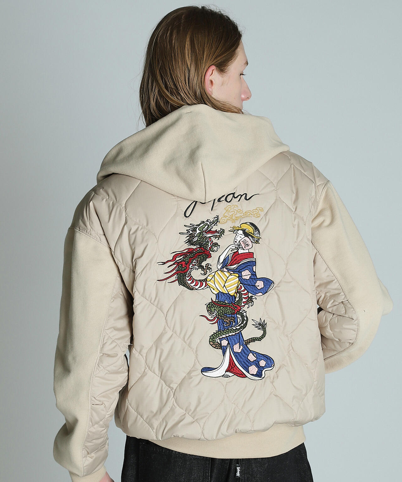 LADY WITH DRAGON QUILTED COMBI. ZIP HOOD/レディ ウィズ ドラゴン キルティング コンビ パーカー