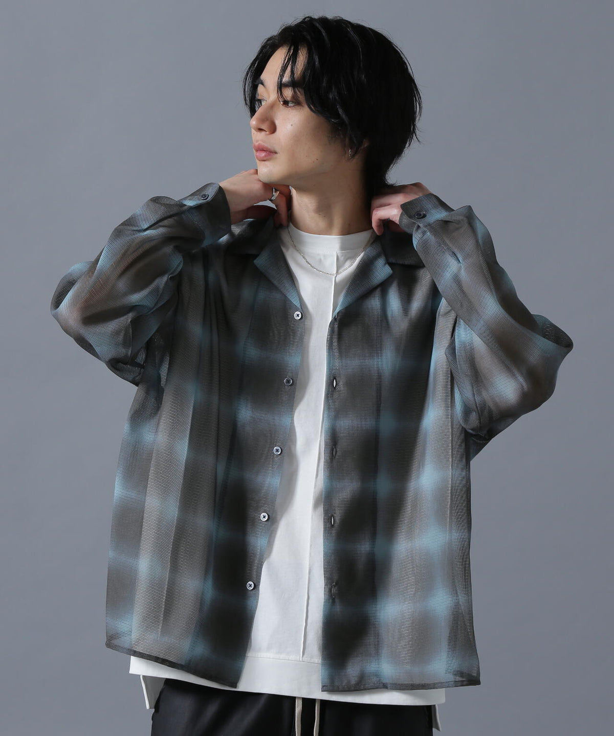 DankrSchon/ダンケシェーン/OMBRE CHECK MESH LONG SLEEVE SHIRT