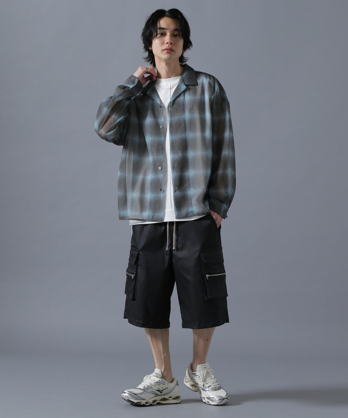 DankrSchon/ダンケシェーン/OMBRE CHECK MESH LONG SLEEVE SHIRT