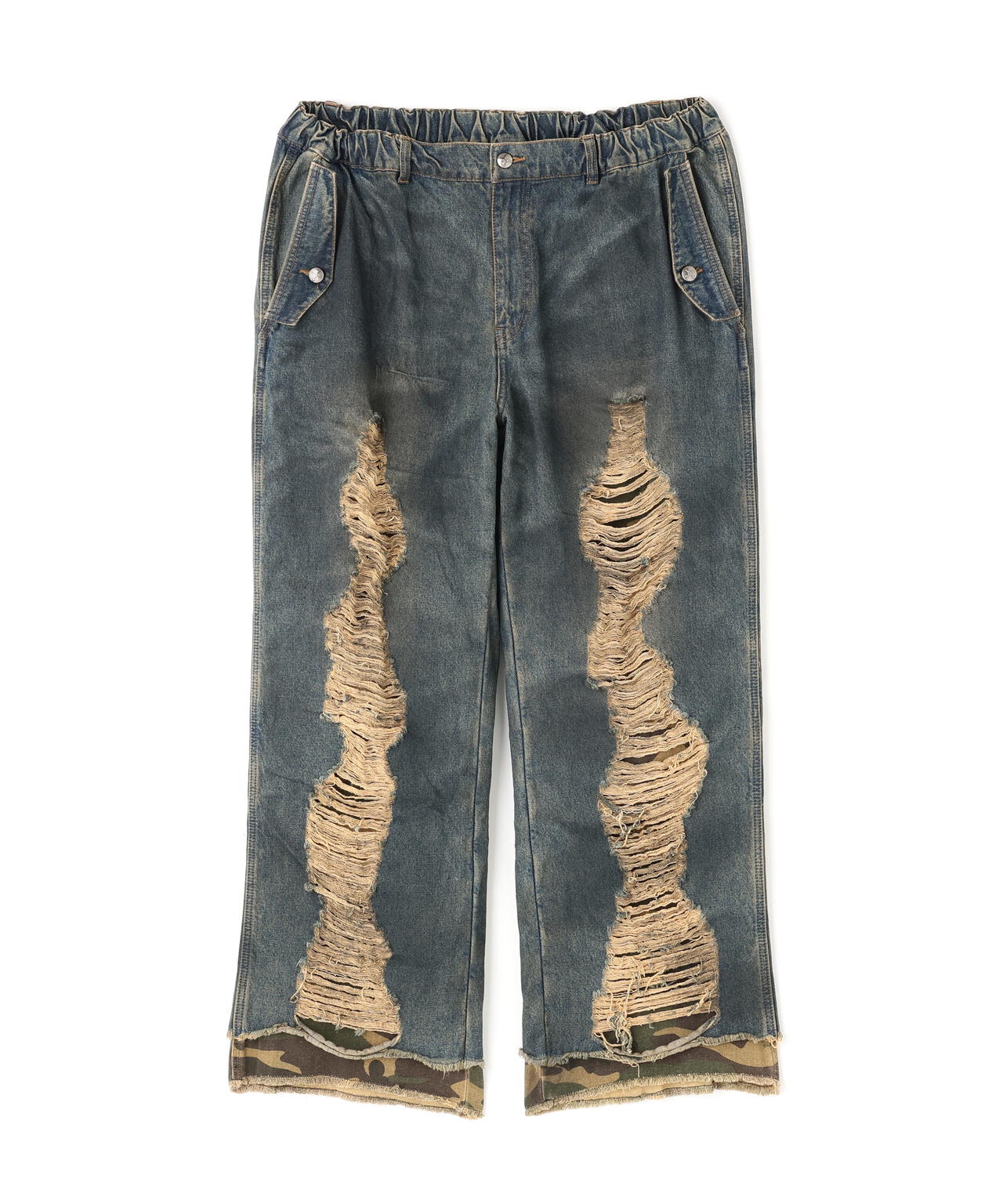 NOT4NERD/ノットフォーナード/CAMO LAYERED DESTROYED DENIM PANTS