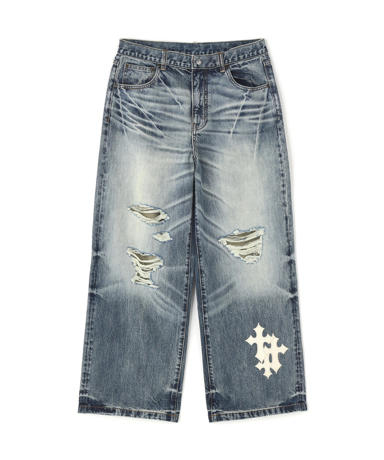 SUPPLIER/サプライヤー/Multiple Cross Leather Patch Baggy Denim