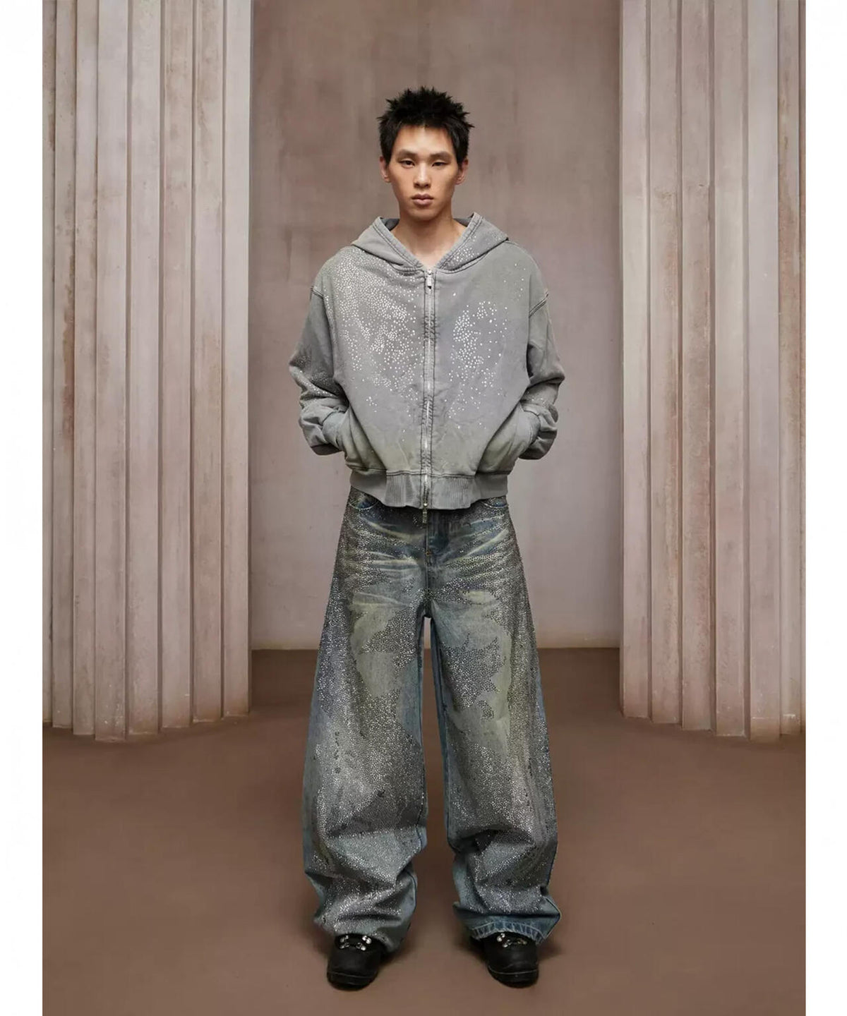 DND4DES/ディーエヌディーフォーデス/Rhinestone Dirty Denim Pants