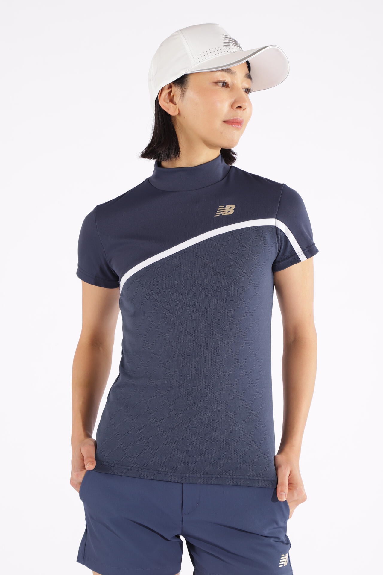 Nオプティカルチェック柄 半袖 モックネック プルオーバー (WOMENS WORLD)