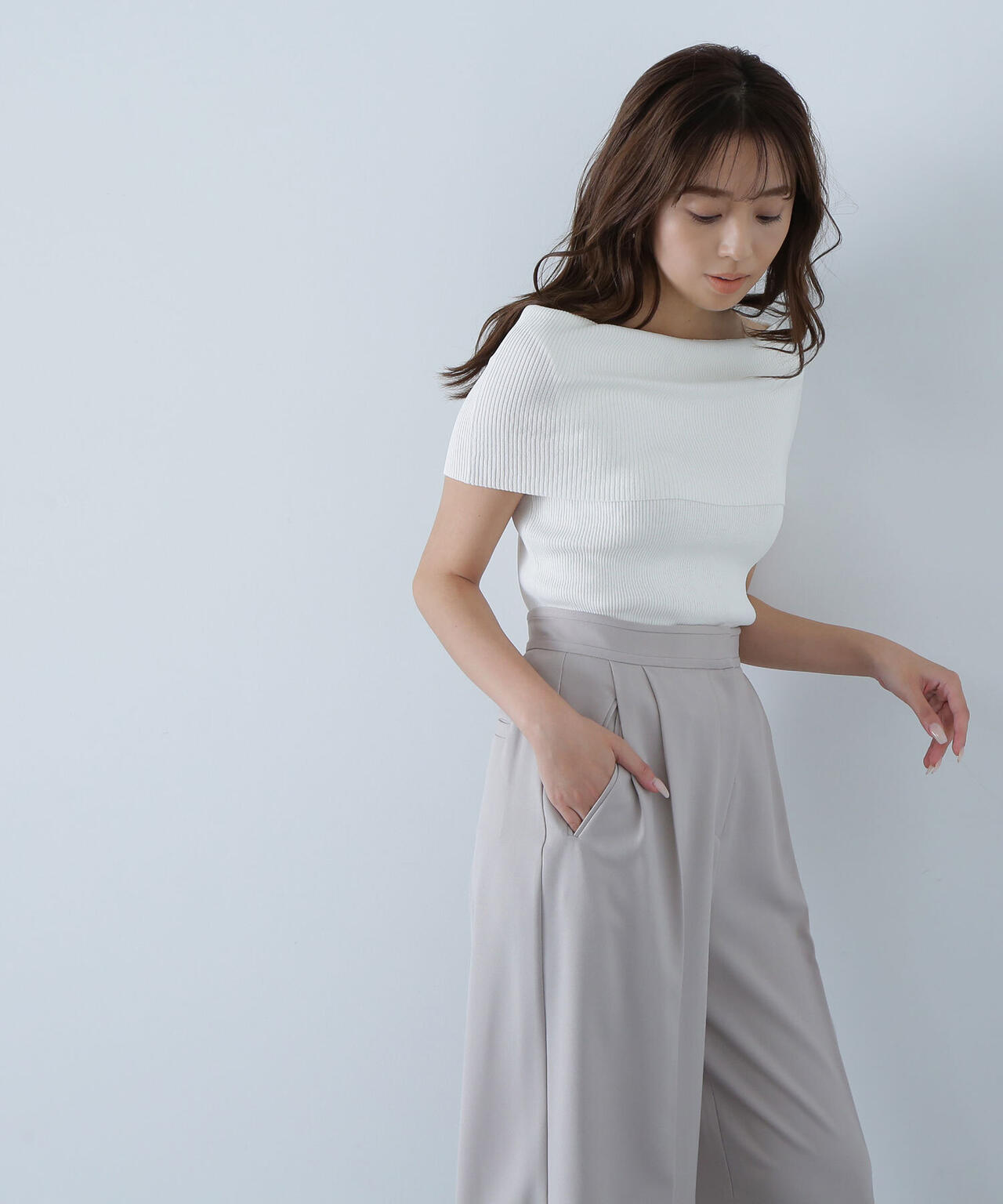 ワイドオフショルリブニット*