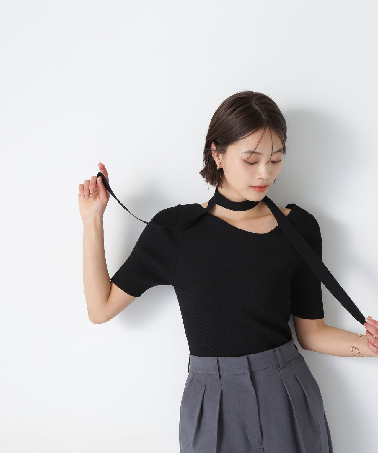 タイ付アシメネックニット*