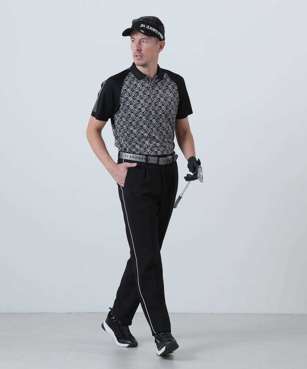 STAチェッカー柄ジャガード半袖ポロシャツ (MENS)